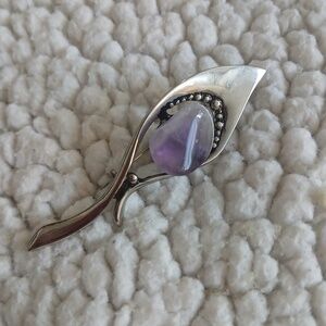 Vintage Silver and Amethyst Stone Fish Leaf Shaped Brooch 1 1/2 Inch Long